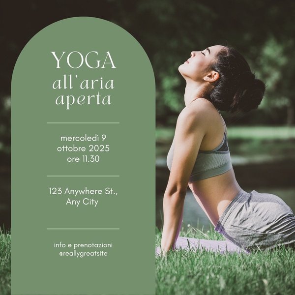 A clean, minimalist 1:1 event advertisement for an outdoor yoga class that uses high-contrast typography and calming imagery to drive bookings.